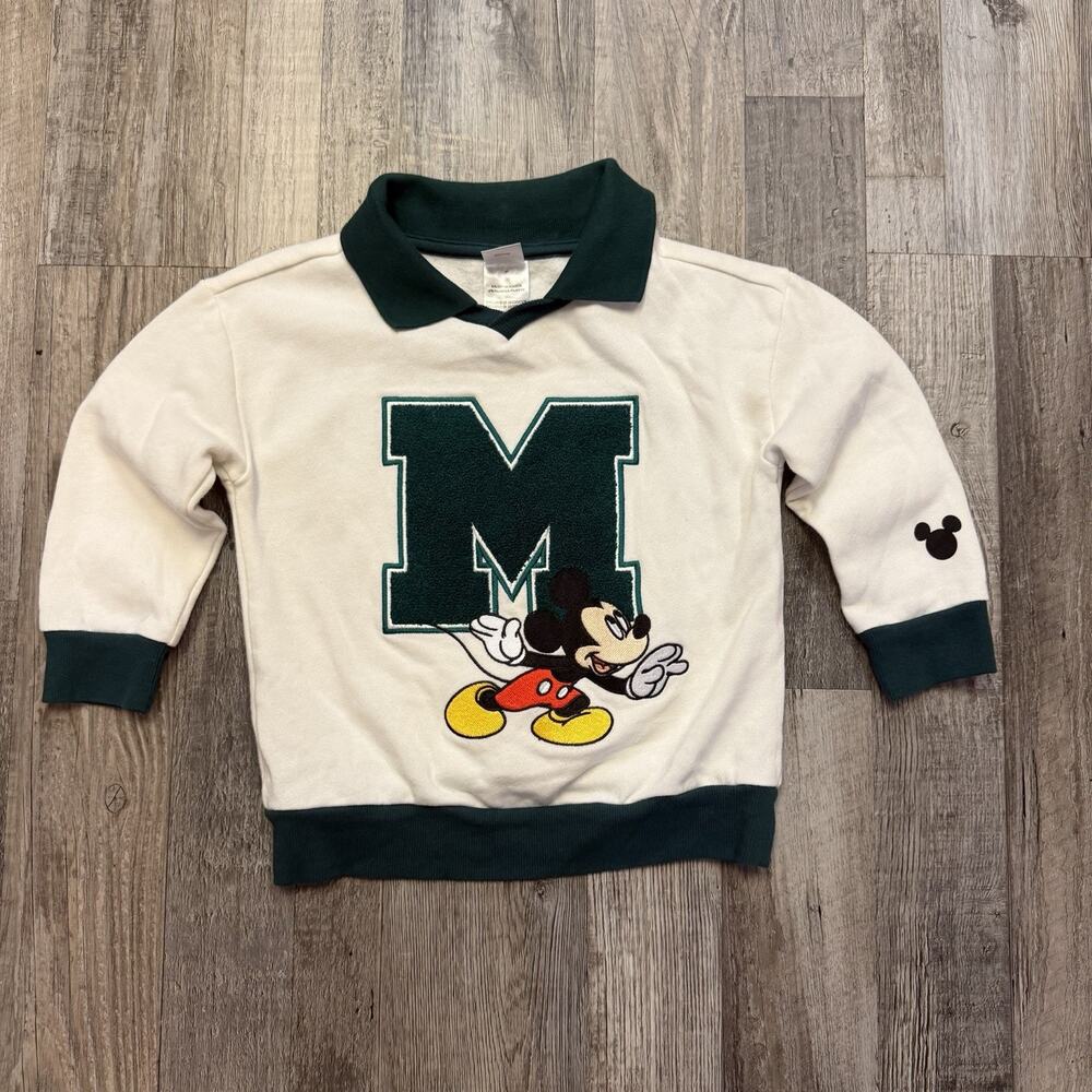 Disney Mickey Cream Polo Collared Sweatshirt Kids Thick Heavy Tee Embroidery